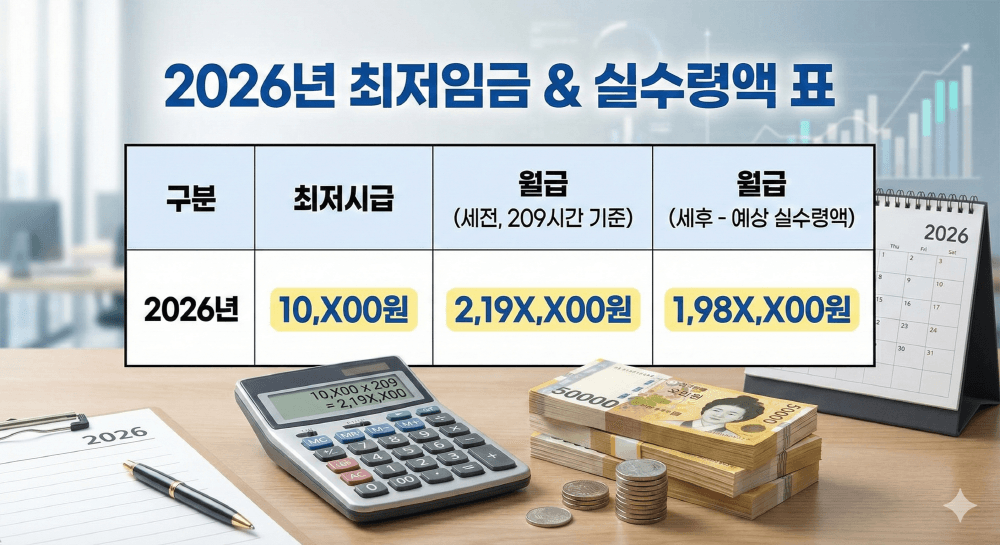 2026년 최저임금 시급 1만 원 연봉별 실수령액 계산표 안내 이미지